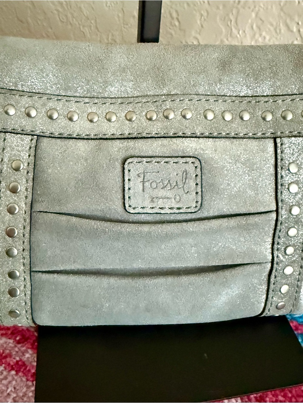 Fossil Metallic Silver Genuine Leather Studded Shoulder Bag Early 2010s - Picture 13 of 17